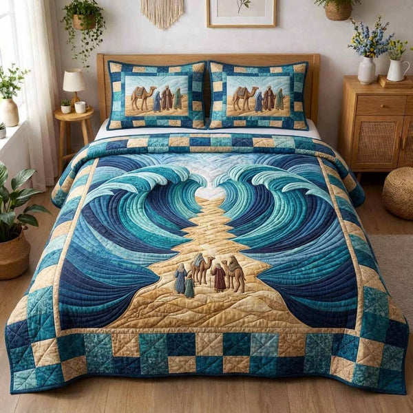 Pesach Heritage quilted 3-piece bedding set on a made bed in a farmhouse bedroom