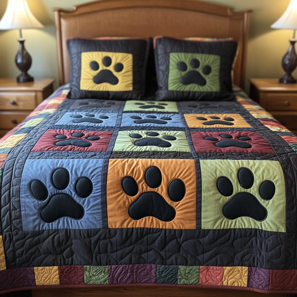 Pet Cozy quilted 3-piece bedding set on a made bed with two matching pillow shams