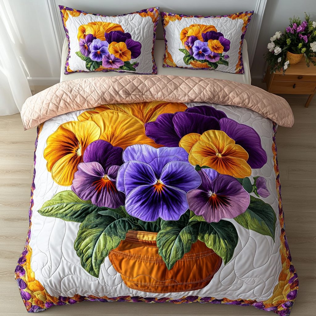 Petal Beauty quilted 3-piece bedding set on a made bed with two matching pillow shams