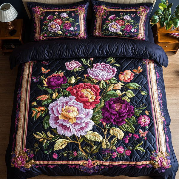 Petal Beauty quilted 3-piece bedding set on a made bed with two matching pillow shams