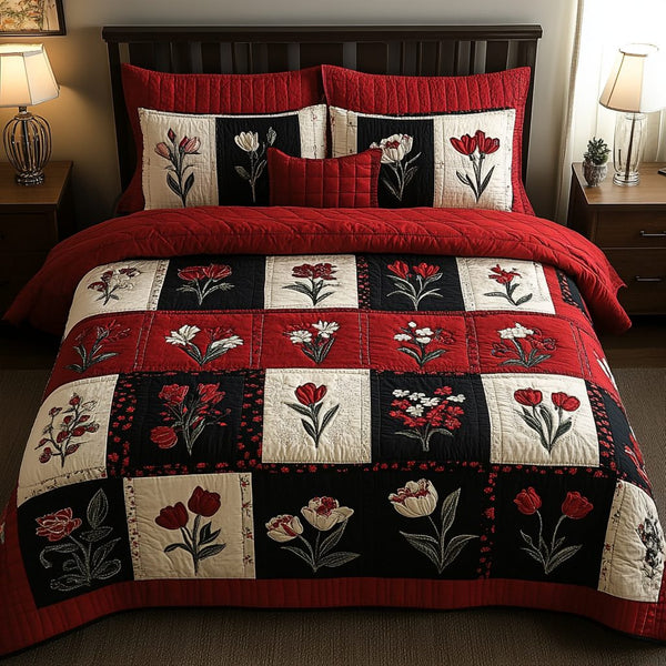 Petal Block quilted 3-piece bedding set on a made bed with two matching pillow shams