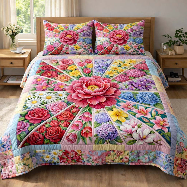 Petal Burst quilted 3-piece bedding set on a made bed with two matching pillow shams
