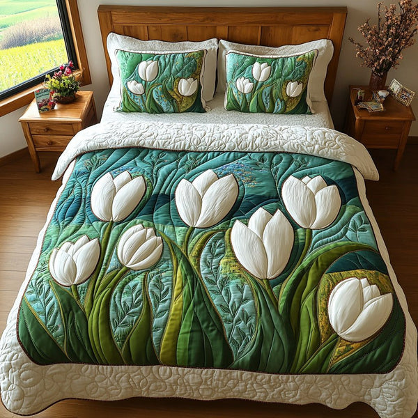 Petal Dance quilted 3-piece bedding set on a made bed with two matching pillow shams