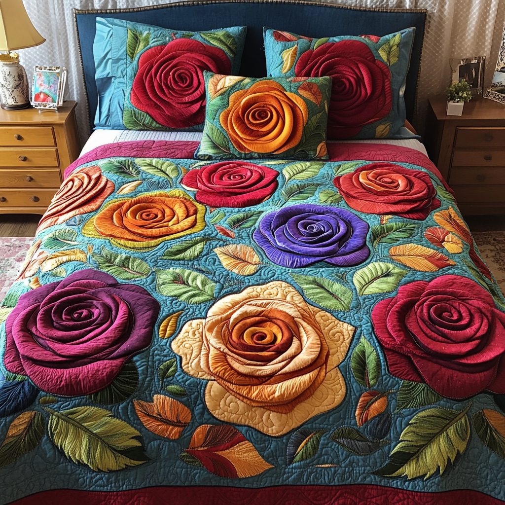 Petal Dance quilted 3-piece bedding set on a made bed with two matching pillow shams