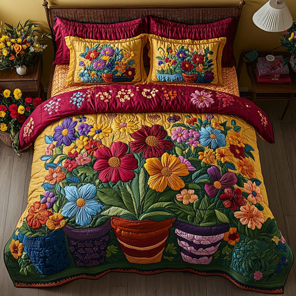 Petal Dream quilted 3-piece bedding set on a made bed with two matching pillow shams
