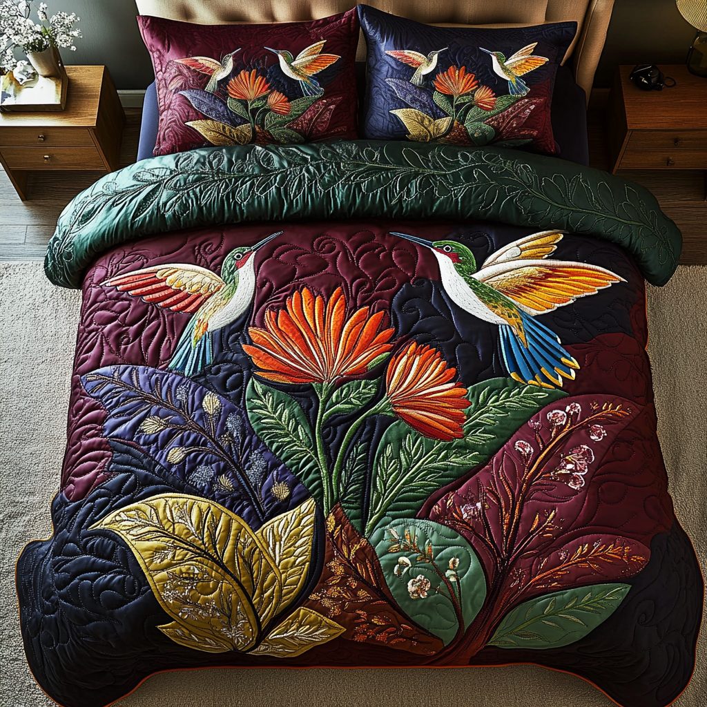 Petal Dreams quilted 3-piece bedding set on a made bed with two matching pillow shams