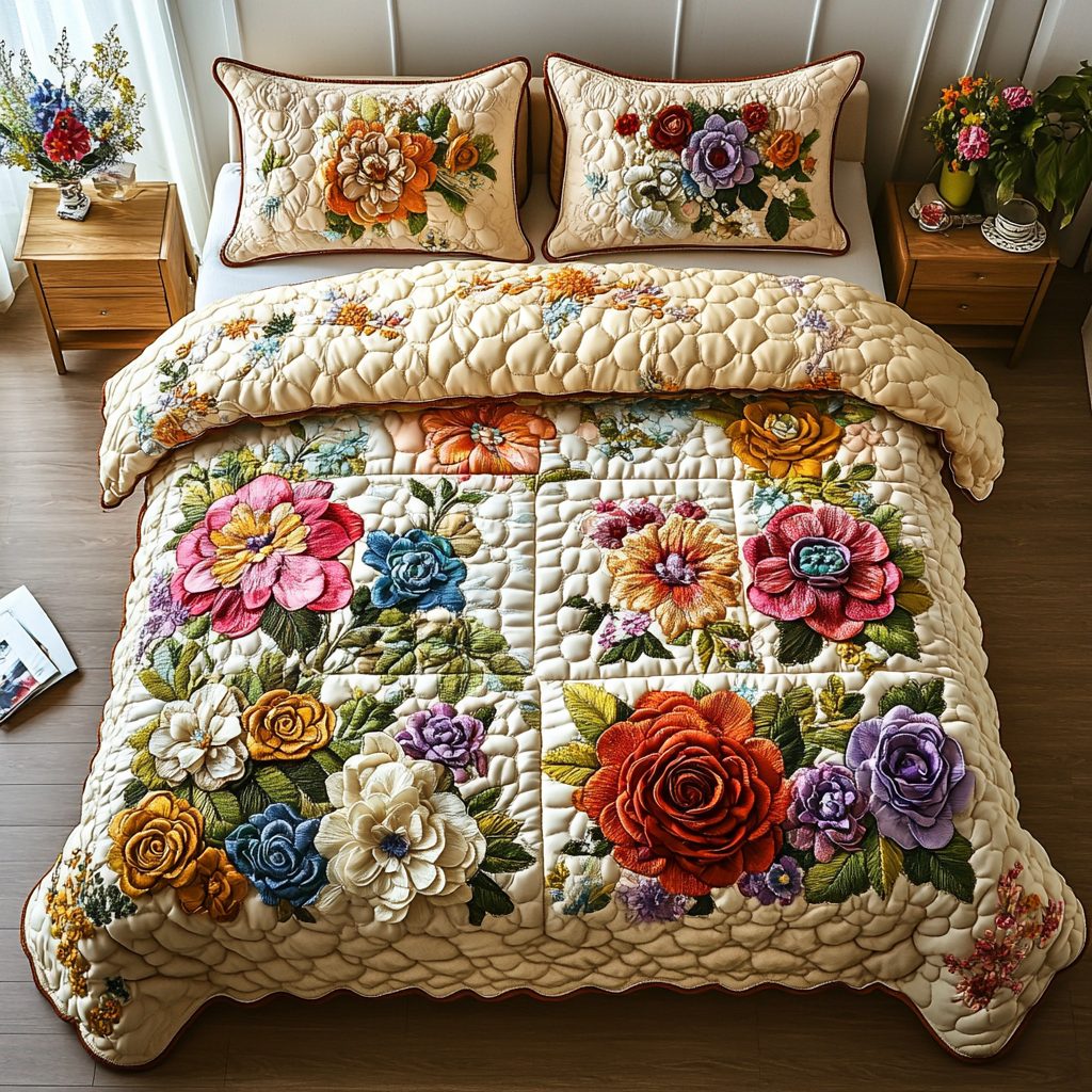Petal Dreams quilted 3-piece bedding set on a made bed with two matching pillow shams