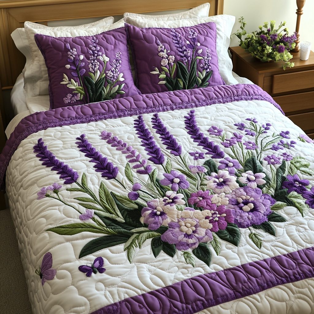 Petal Dreams quilted 3-piece bedding set on a made bed with two matching pillow shams