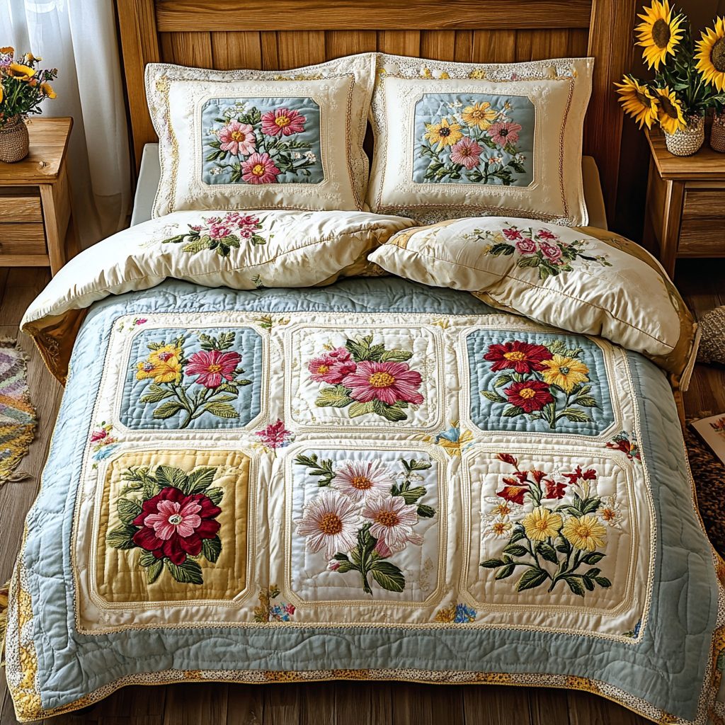 Petal Dreams quilted 3-piece bedding set on a made bed with two matching pillow shams
