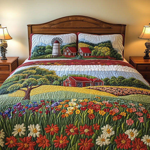 Petal Fields quilted 3-piece bedding set on a made bed with two matching pillow shams