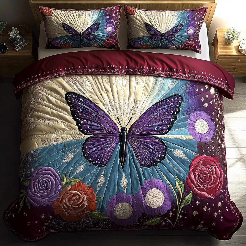Petal Flutter quilted 3-piece bedding set on a made bed with two matching pillow shams