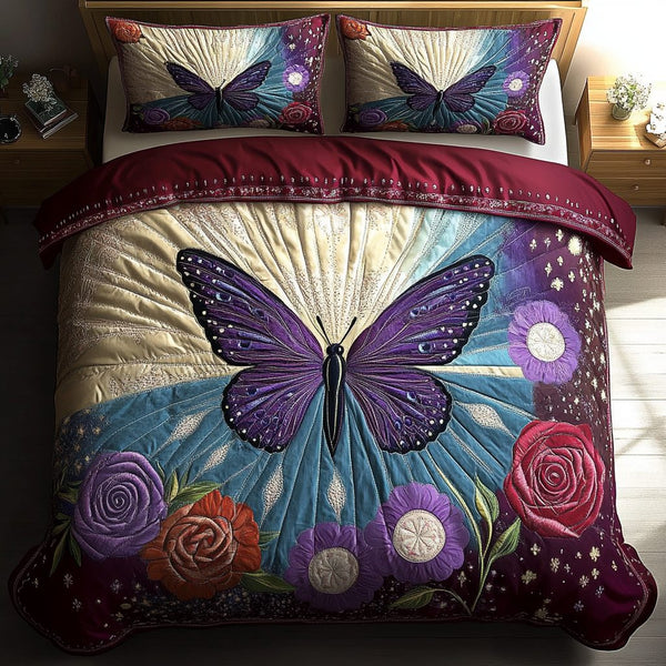 Petal Flutter quilted 3-piece bedding set on a made bed with two matching pillow shams
