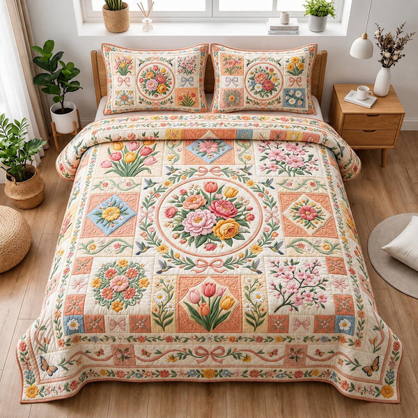 Petal Garden quilted 3-piece bedding set on a made bed with two matching pillow shams