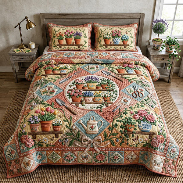 Petal Garden quilted 3-piece bedding set on a made bed with two matching pillow shams