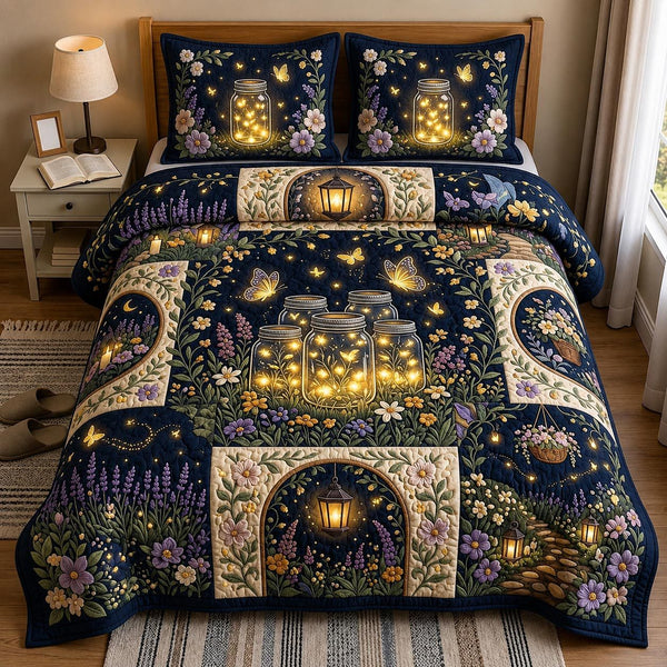 Petal Garden quilted 3-piece bedding set on a made bed with two matching pillow shams