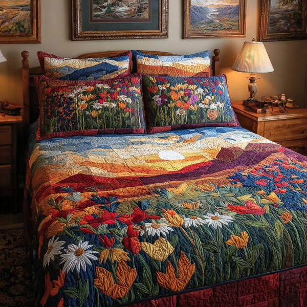 Petal Garden quilted 3-piece bedding set on a made bed with two matching pillow shams