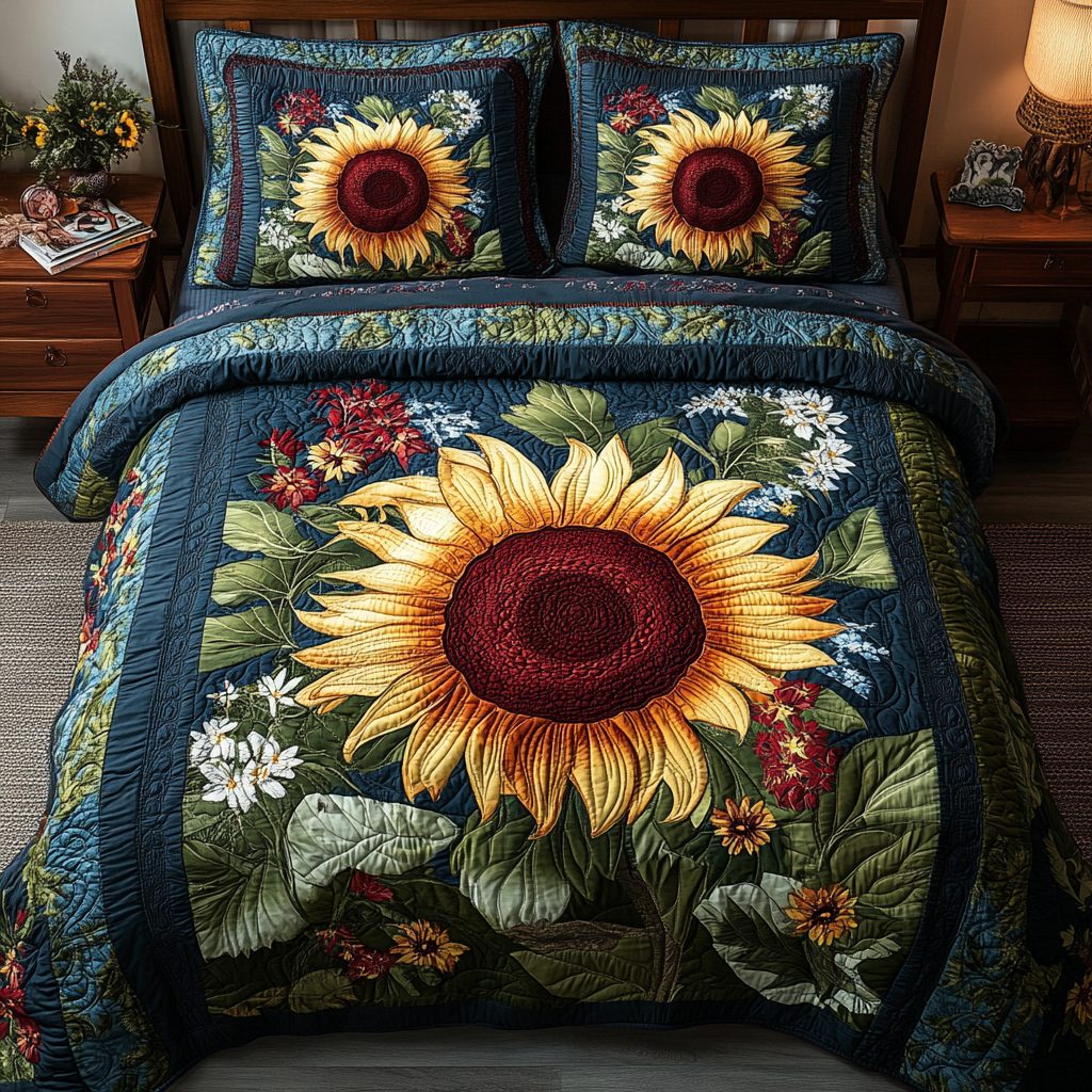 Petal Glow quilted 3-piece bedding set on a made bed with two matching pillow shams