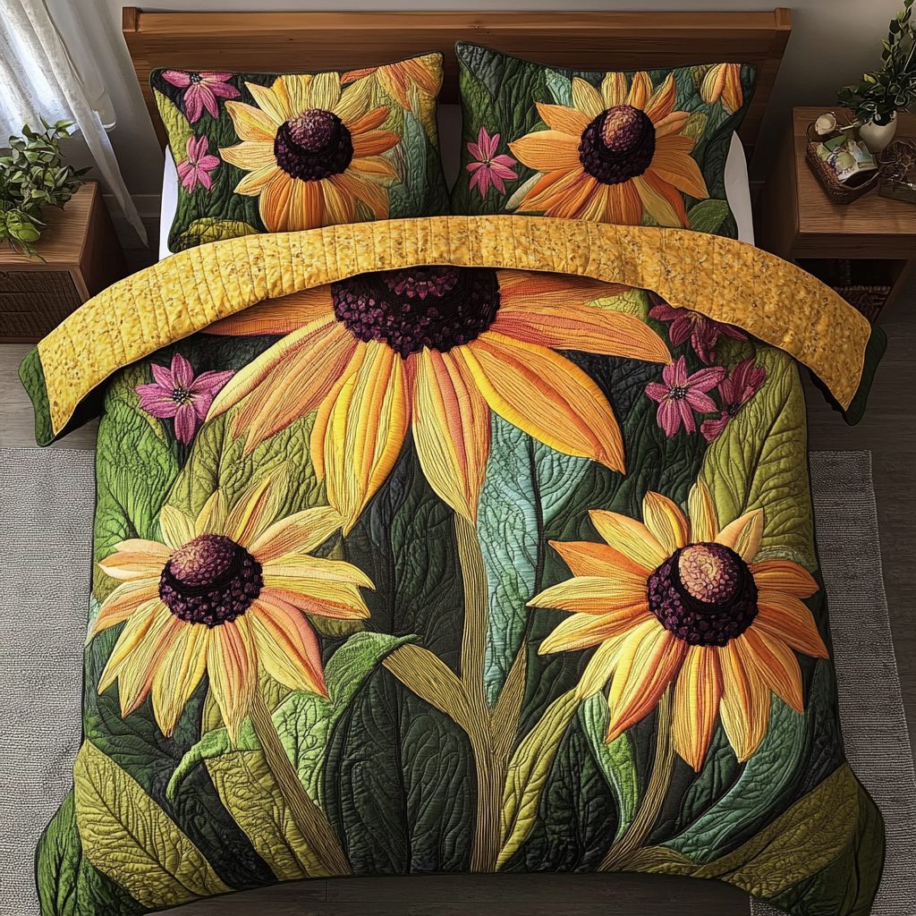 Petal Glow quilted 3-piece bedding set on a made bed with two matching pillow shams