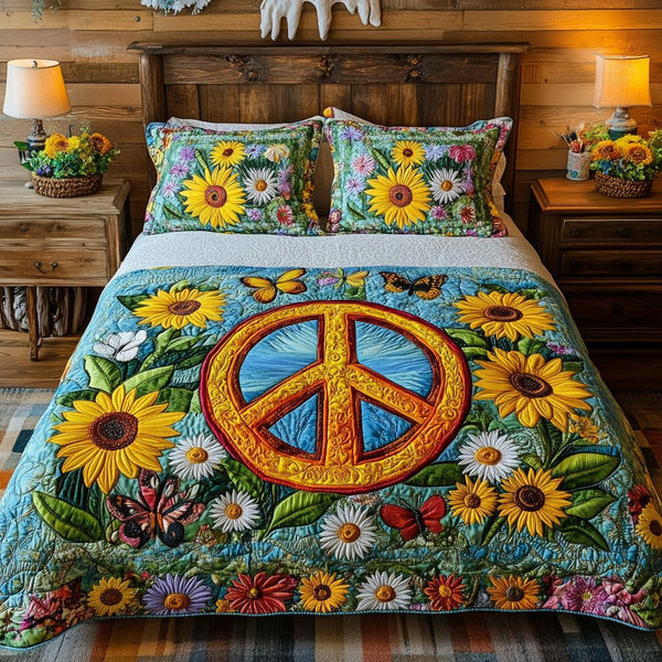Petal Glow quilted 3-piece bedding set on a made bed with two matching pillow shams