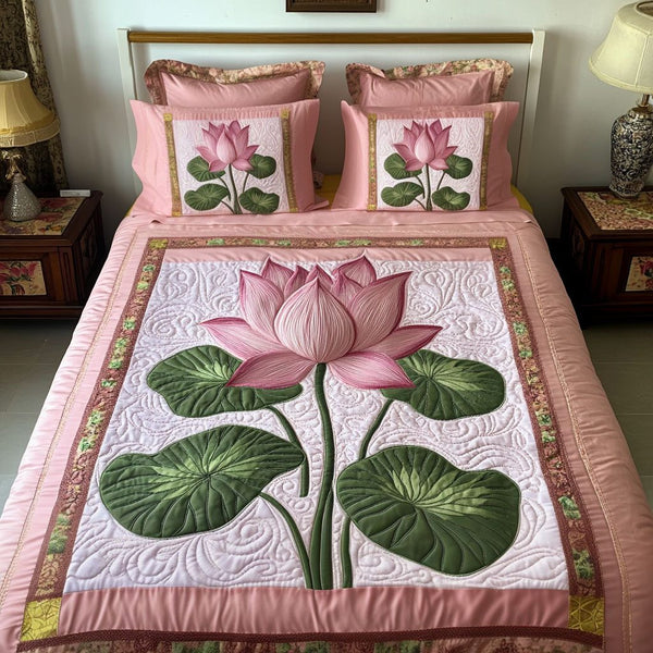 Petal Harmony quilted 3-piece bedding set on a made bed with two matching pillow shams