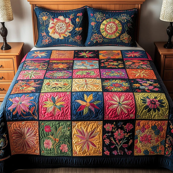 Petal Harmony quilted 3-piece bedding set on a made bed with two matching pillow shams