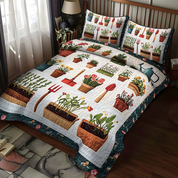 Petal Harvest quilted 3-piece bedding set on a made bed with two matching pillow shams