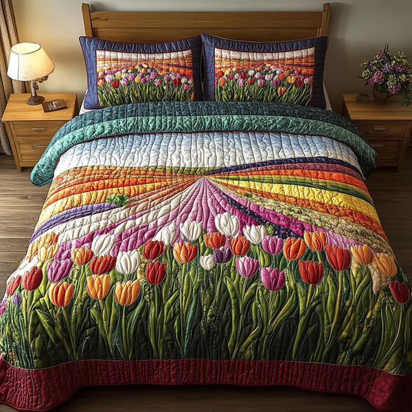 Petal Horizon quilted 3-piece bedding set on a made bed with two matching pillow shams