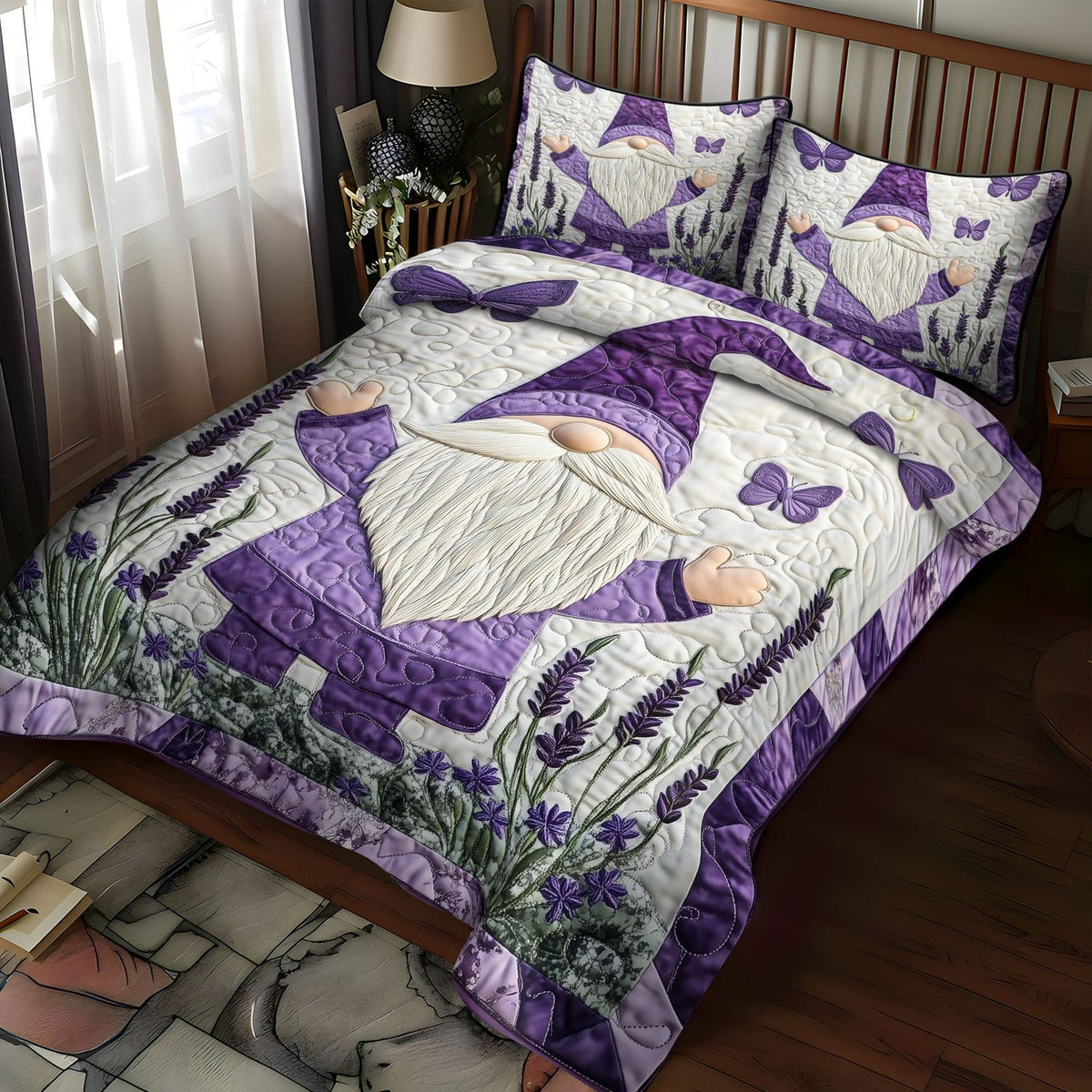 Petal Keeper quilted 3-piece bedding set on a made bed with two matching pillow shams