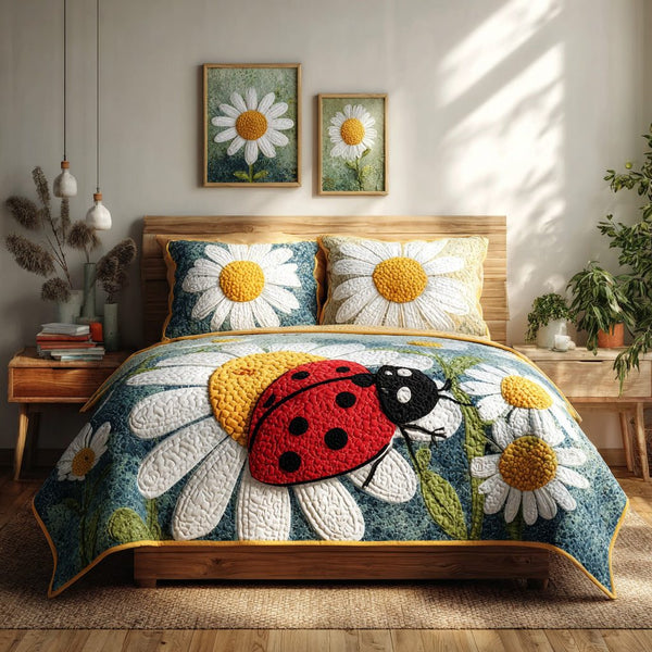 Petal Lady quilted 3-piece bedding set on a made bed with two matching pillow shams
