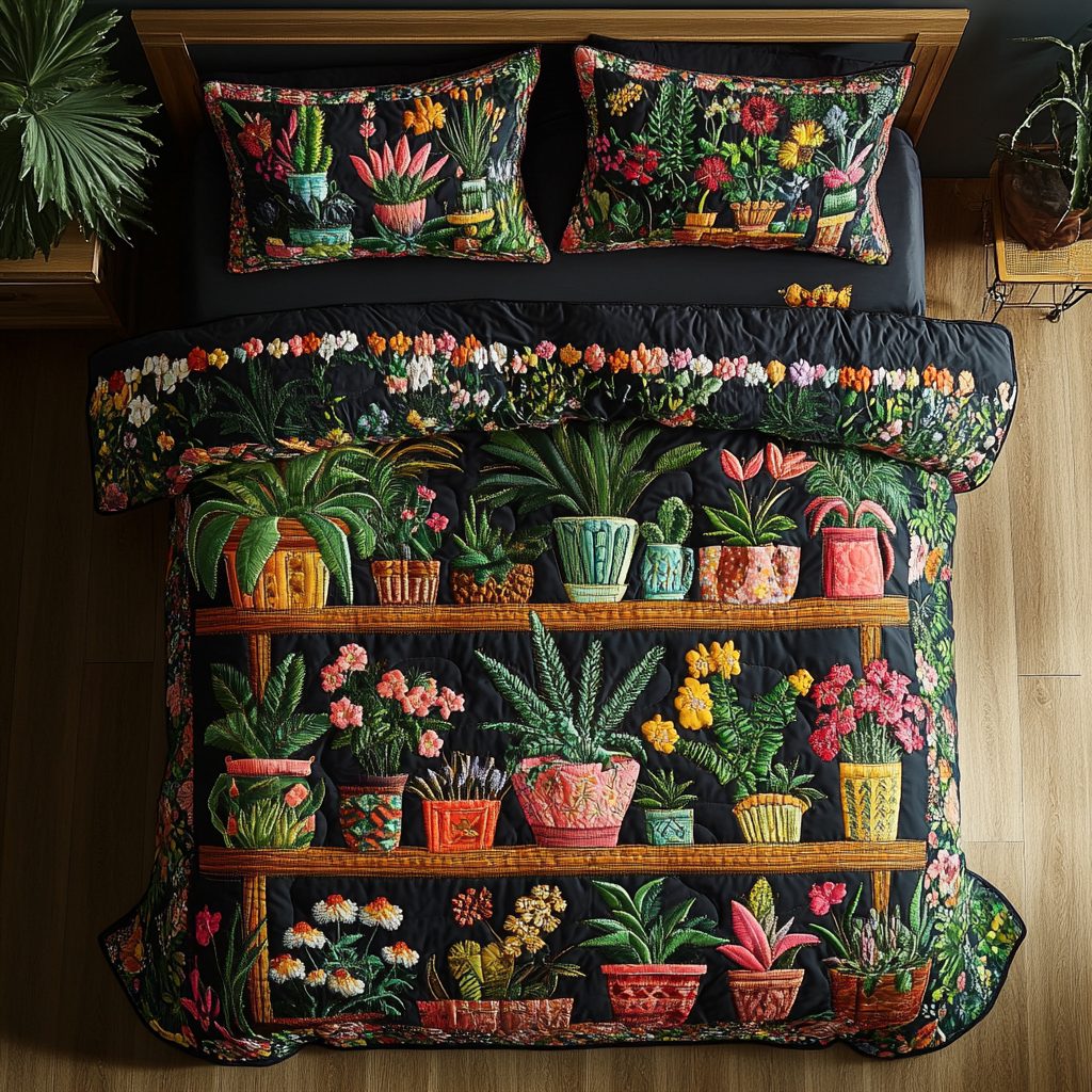 Petal Mugs quilted 3-piece bedding set on a made bed with two matching pillow shams