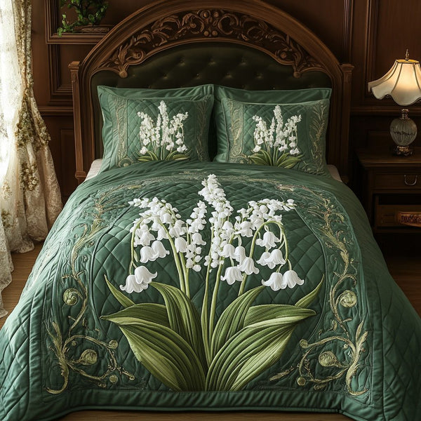 Petal Nest quilted 3-piece bedding set on a made bed with two matching pillow shams