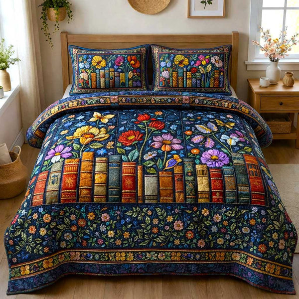 Petal Pages quilted 3-piece bedding set on a made bed with two matching pillow shams