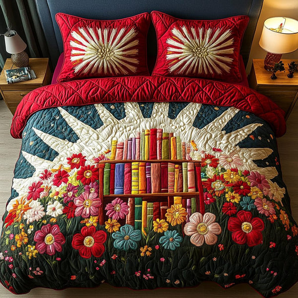 Petal Pages quilted 3-piece bedding set on a made bed with two matching pillow shams