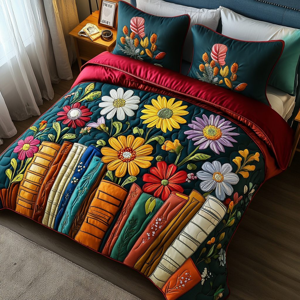 Petal Pages quilted 3-piece bedding set on a made bed with two matching pillow shams