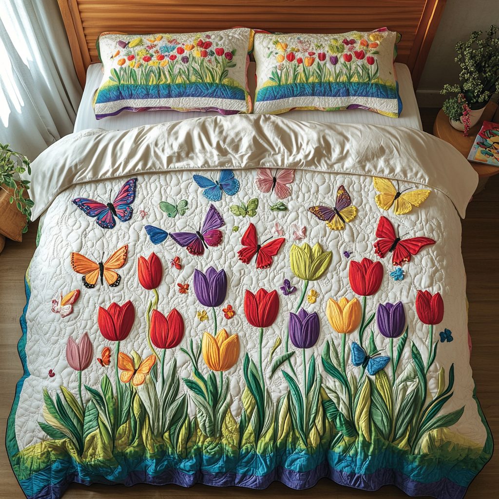 Petal Parade quilted 3-piece bedding set on a made bed with two matching pillow shams