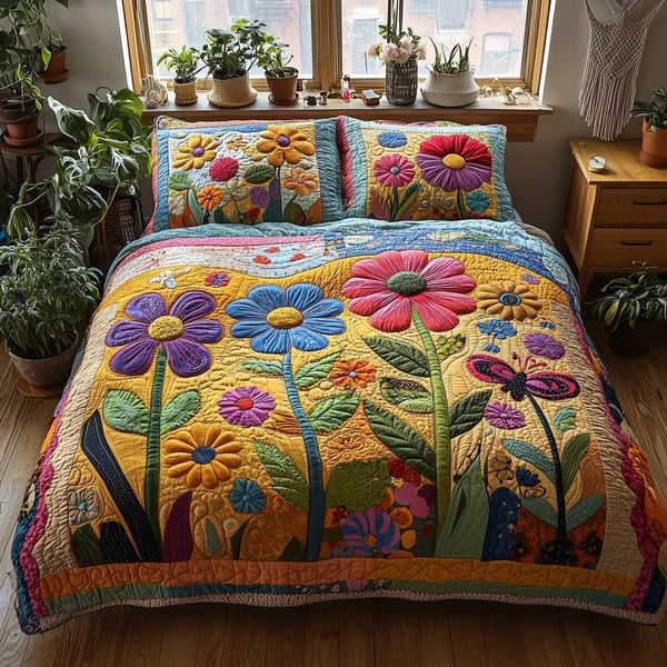 Petal Patch quilted 3-piece bedding set on a made bed with two matching pillow shams