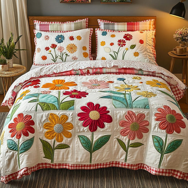 Petal Patch quilted 3-piece bedding set on a made bed with two matching pillow shams