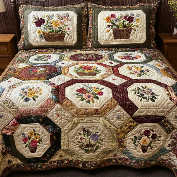 Petal Patch quilted 3-piece bedding set on a made bed with two matching pillow shams