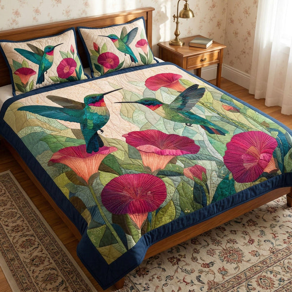 Petal Patchwork quilted 3-piece bedding set on a made bed in a farmhouse bedroom