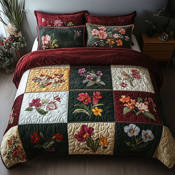 Petal Patchwork quilted 3-piece bedding set on a made bed in a farmhouse bedroom