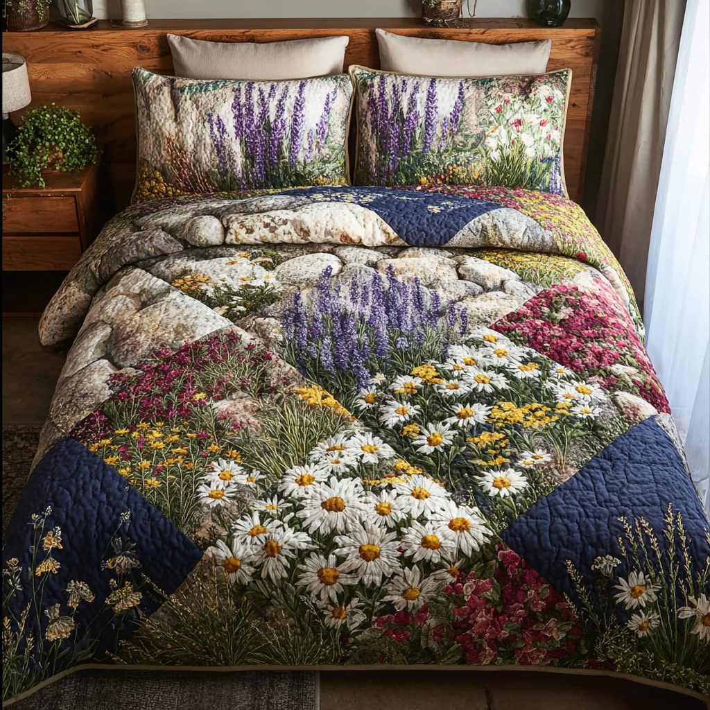 Petal Peak quilted 3-piece bedding set on a made bed with two matching pillow shams
