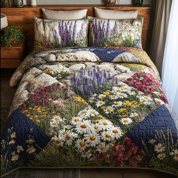 Petal Peak quilted 3-piece bedding set on a made bed with two matching pillow shams