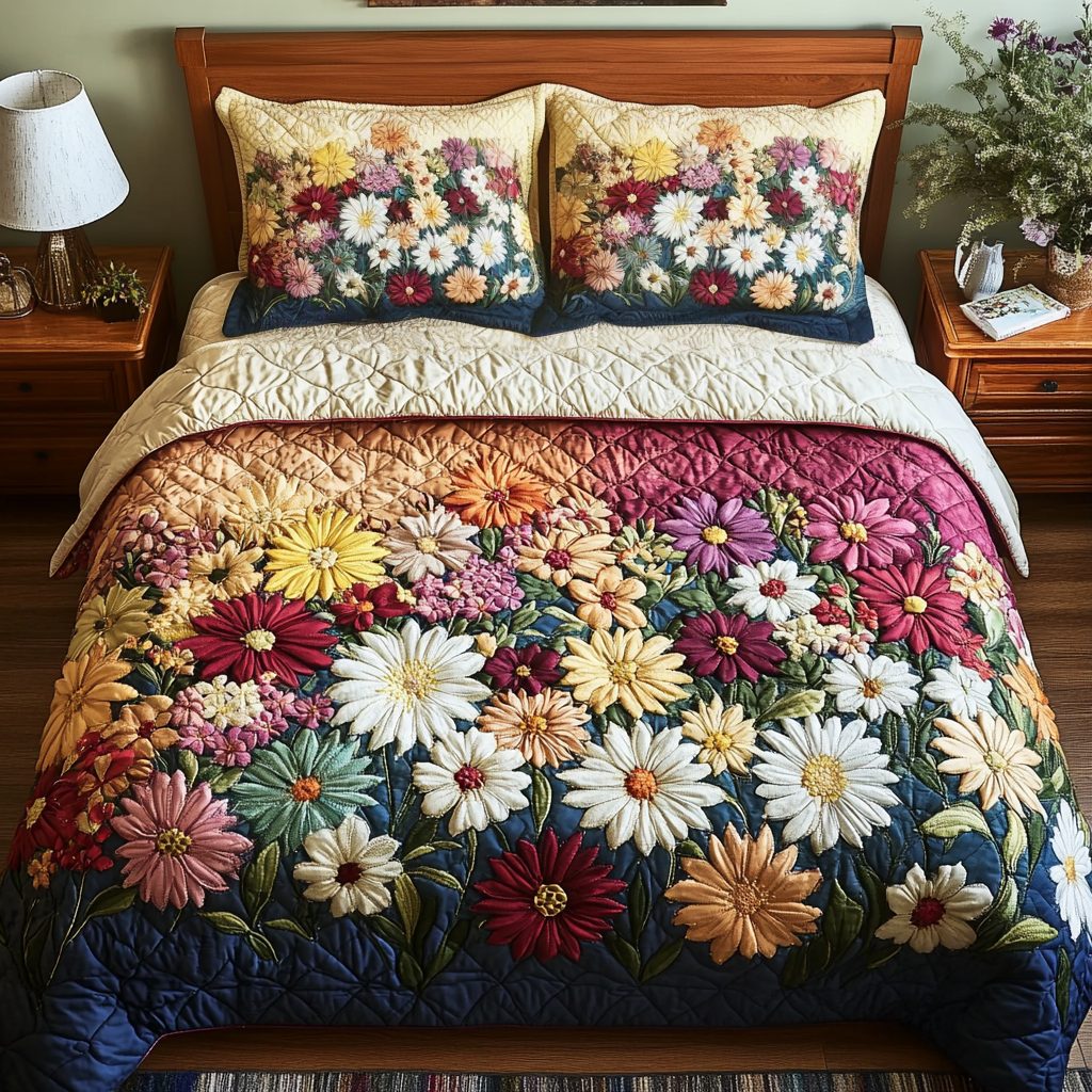 Petal Perfect quilted 3-piece bedding set on a made bed with two matching pillow shams