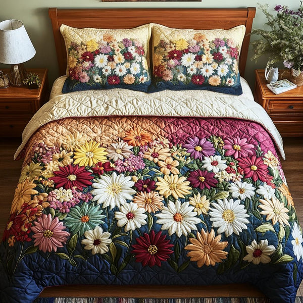Petal Perfect quilted 3-piece bedding set on a made bed with two matching pillow shams