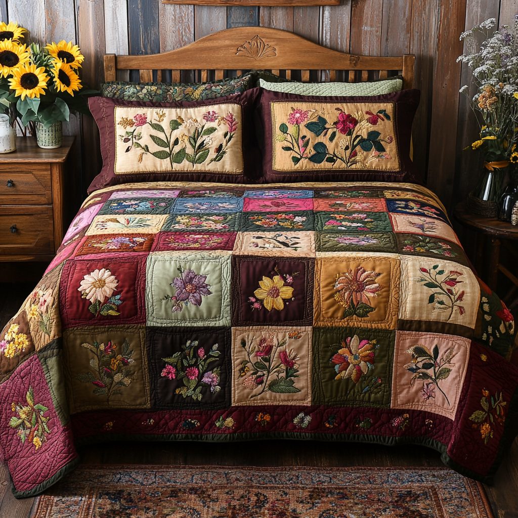 Petal Perfect quilted 3-piece bedding set on a made bed with two matching pillow shams