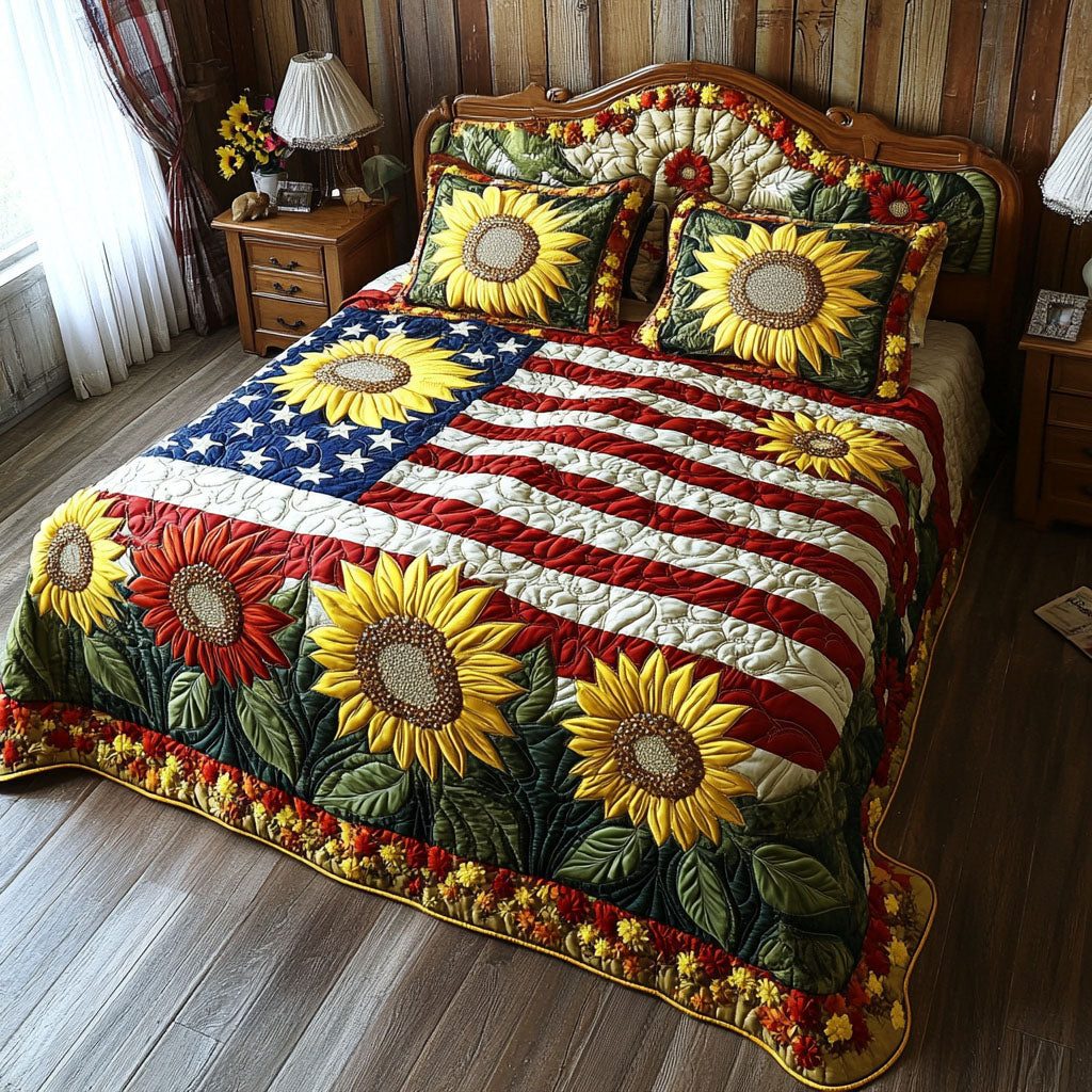 Petal Perfection quilted 3-piece bedding set on a made bed with two matching pillow shams