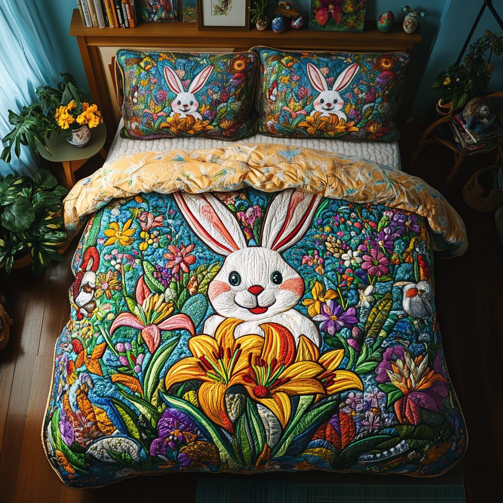 Petal Plush quilted 3-piece bedding set on a made bed with two matching pillow shams