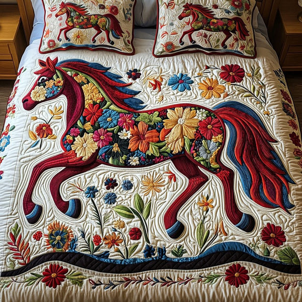 Petal Power quilted 3-piece bedding set on a made bed with two matching pillow shams