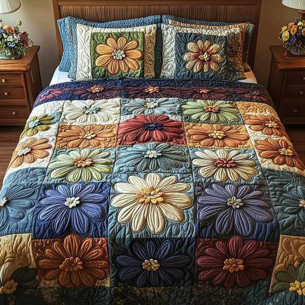 Petal Squares quilted 3-piece bedding set on a made bed with two matching pillow shams