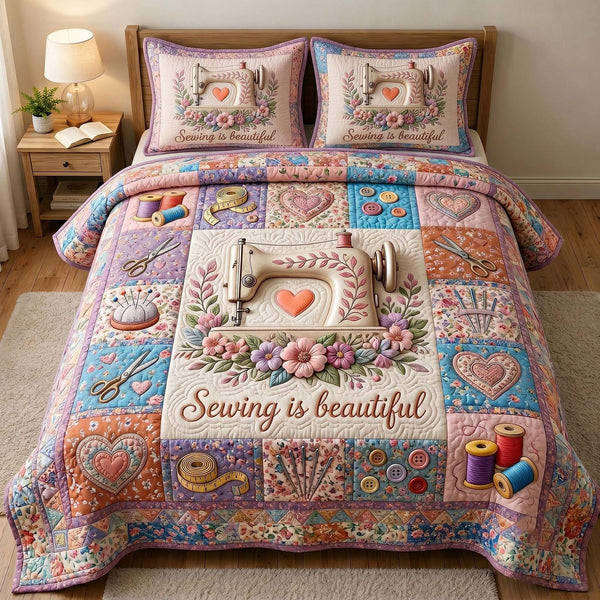 Petal Stitchery quilted 3-piece bedding set on a made bed with two matching pillow shams